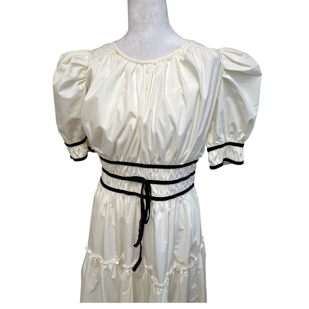 Entro Midi Dress Sz L Cream Black Velvet Trim Puff Sleeve Boho‎ Retro Dollcore